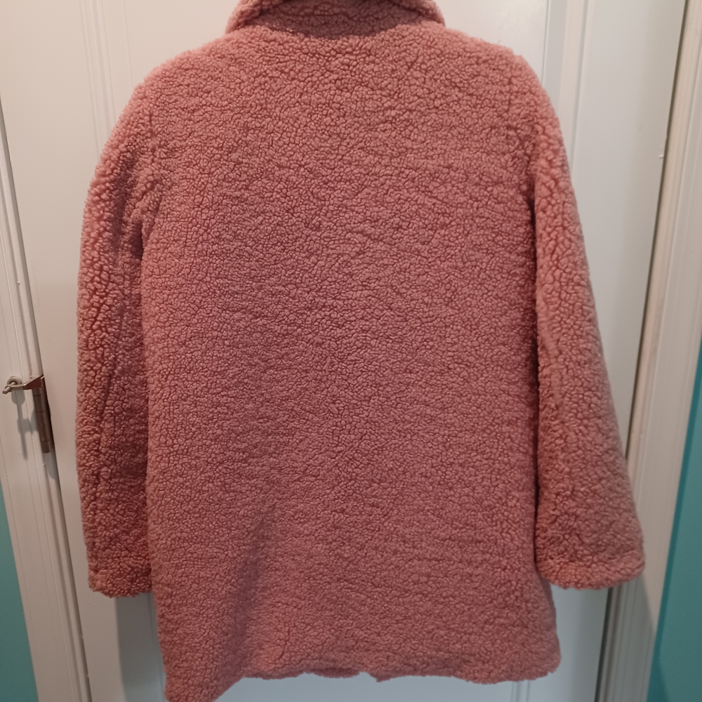 NWOT LOFT SIZE SMALL CORAL PINK SHERPA ZIP-FRONT COAT! - Picture 2 of 3